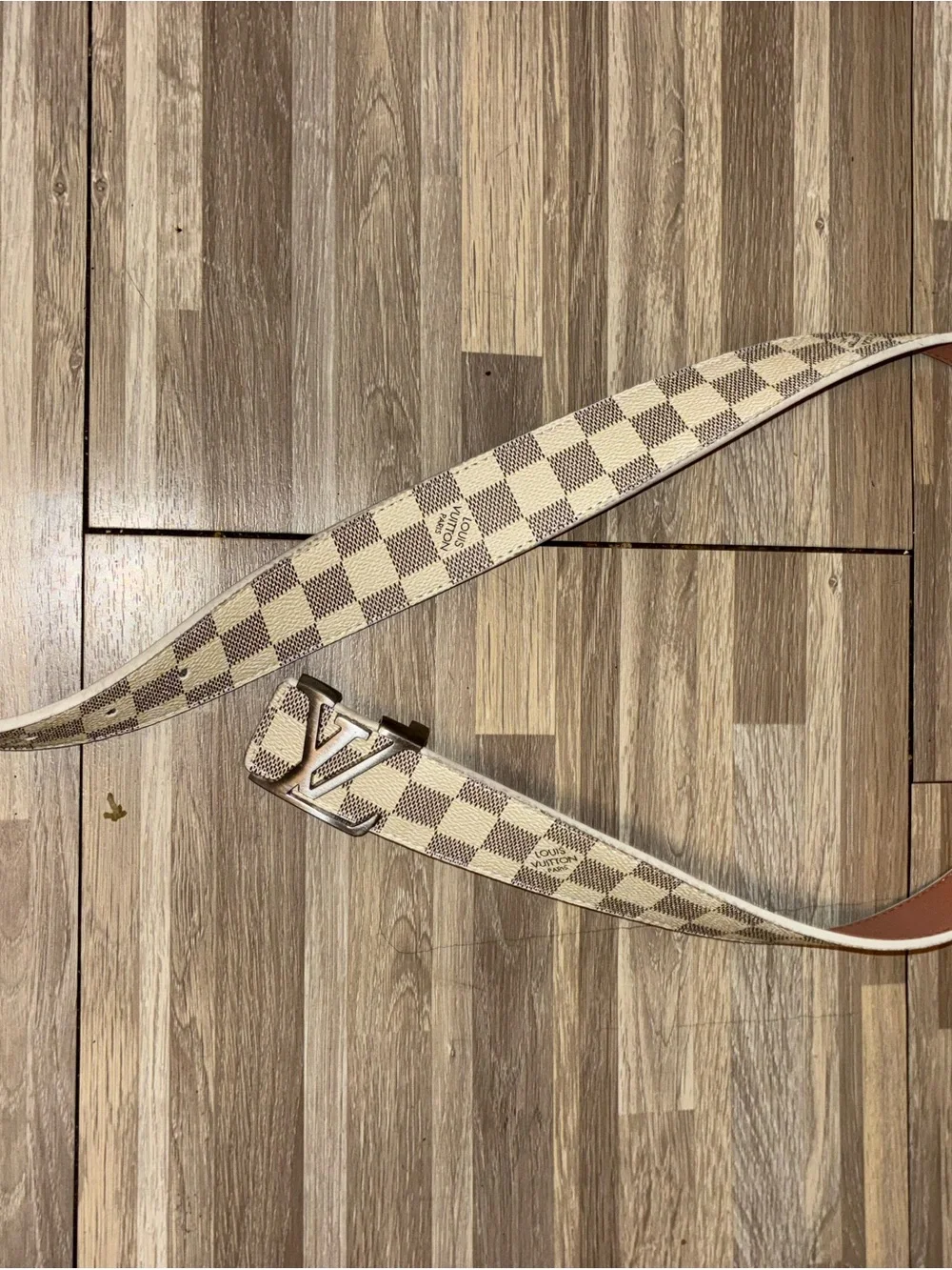 Louis Vuitton Checkered Canvas Belt in Cream and Brown with LV Buckle